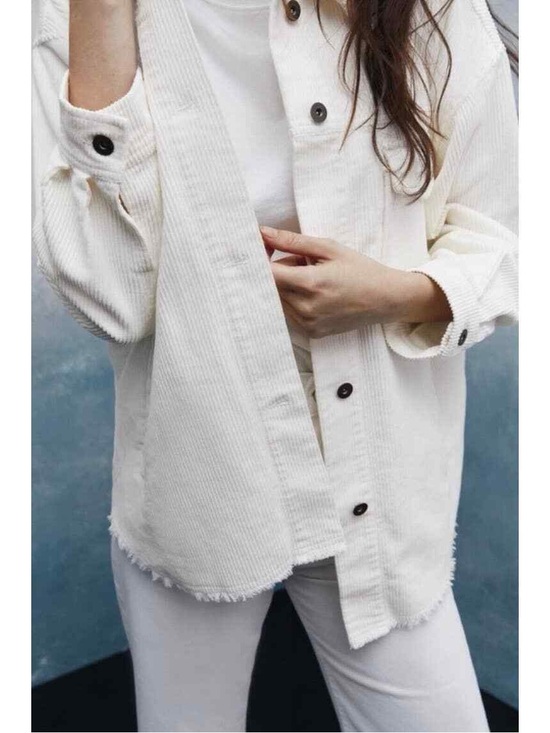 Zara Jackets & Blazers - Zara White Corduroy Overshirt Jacket Shacket Raw Hem Oversized Size M